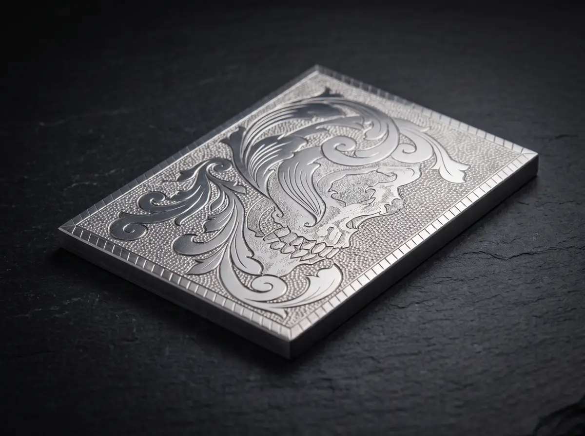 Placa de prata com arabescos e caveira gravados