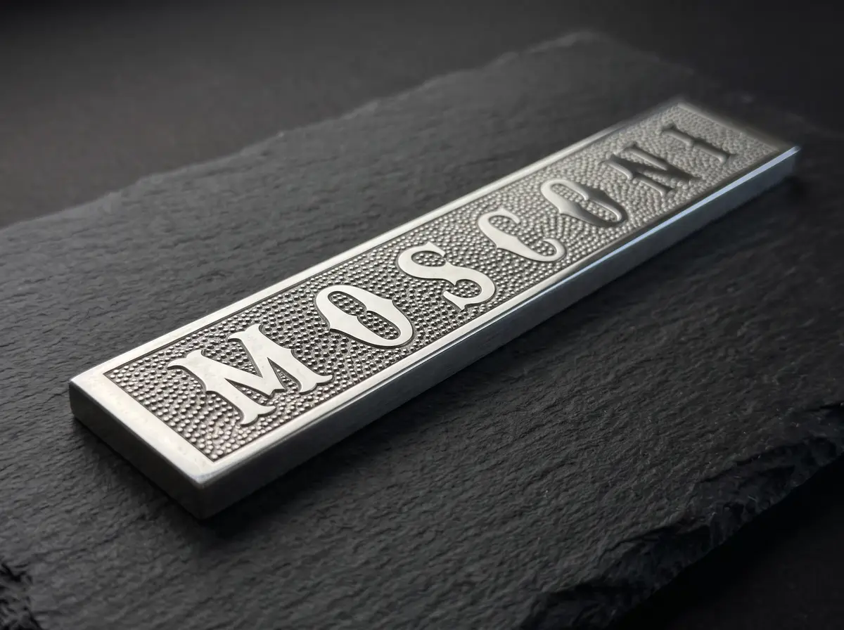 Plaqueta com a palavra MOSCONI gravada em relevo