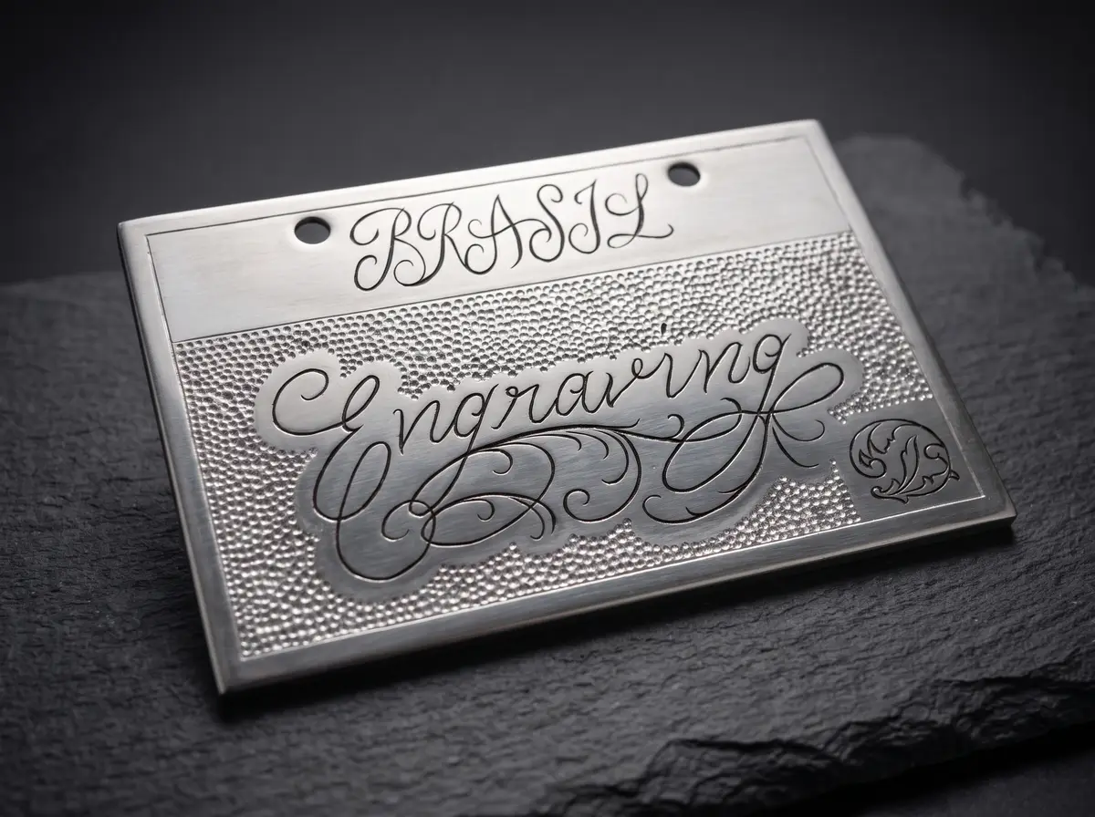 Placa com BRASIL e Engraving em letra cursiva